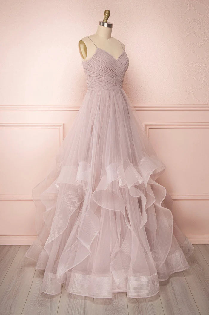 A-Line Tulle Layers Long Formal Dress, Cute V-Neck Evening Party Dress